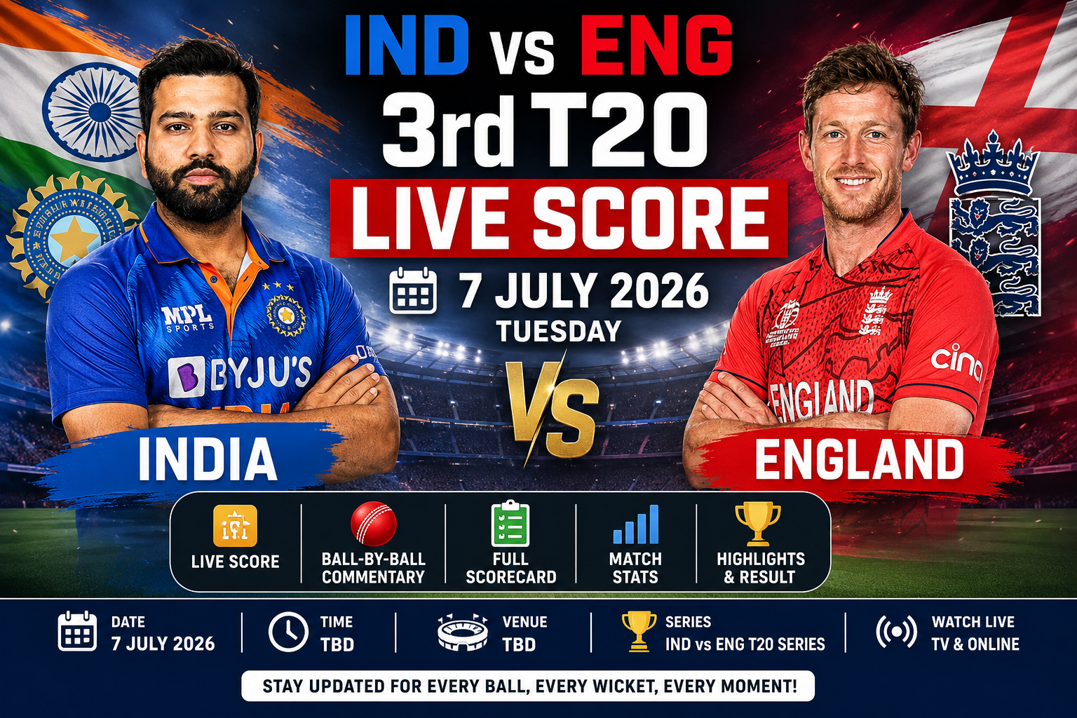 IND vs ENG 3rd T20 Live Score | 7 July 2026